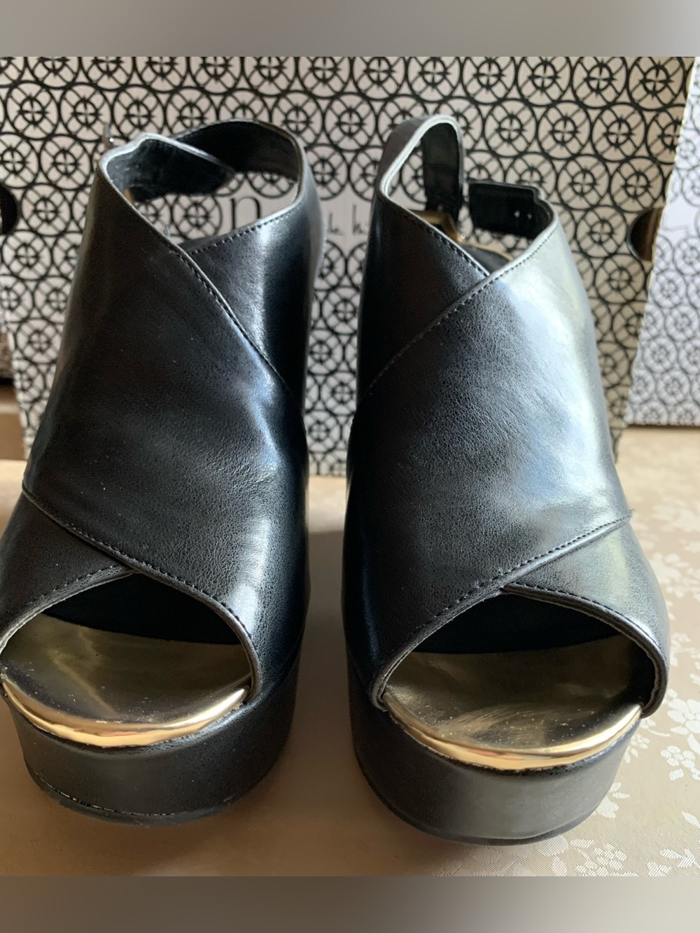NIB Black Open-Toe Platform Wedge Heel Sandals 7.5